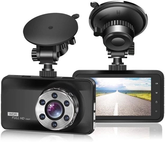 Dual Dashcam per Auto - Dualcam con Visore Anteriore e Posteriore - Full HD - Visore con Visione Notturna - Visore con Sensore di Movimento - Obiettivo con Angolo di Campo Ampio - Modalità di Parcheggio - Registrazione Continua - Visore con Carta SD