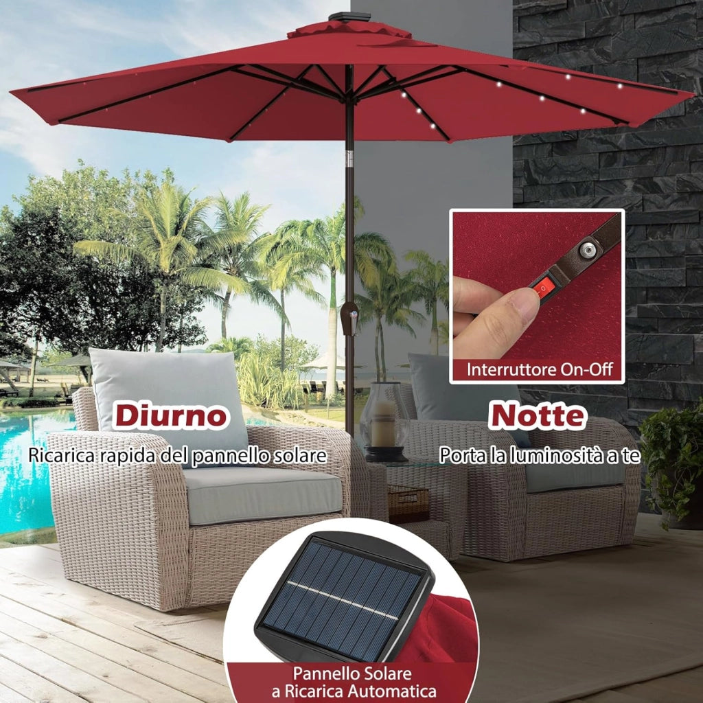 Ombrellone da Giardino con LED Luci Ø300 cm, Parasole da Esterno Ombrello da Spiaggia (Rosso)