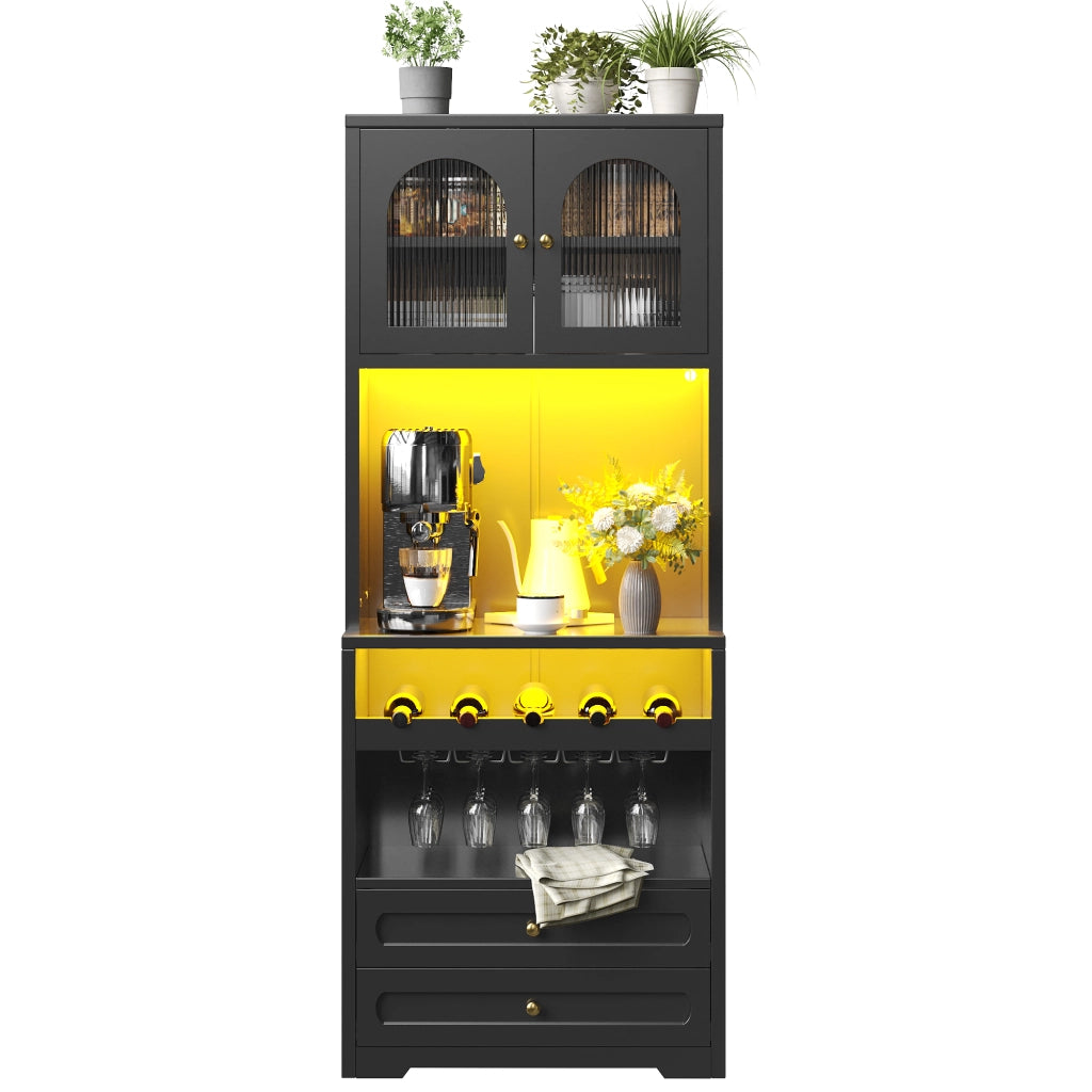 Credenza con ante in vetro; LED e USB; ripiani regolabili; cassetti; per cucina e soggiorno; MDF nero; 70 × 40 × 180 cm