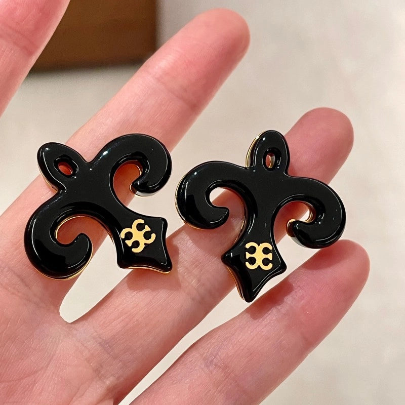 Orecchini a lobo 3D a forma di fiore di iris in smalto nero, di nicchia, lusso discreto, stile retr¨°.