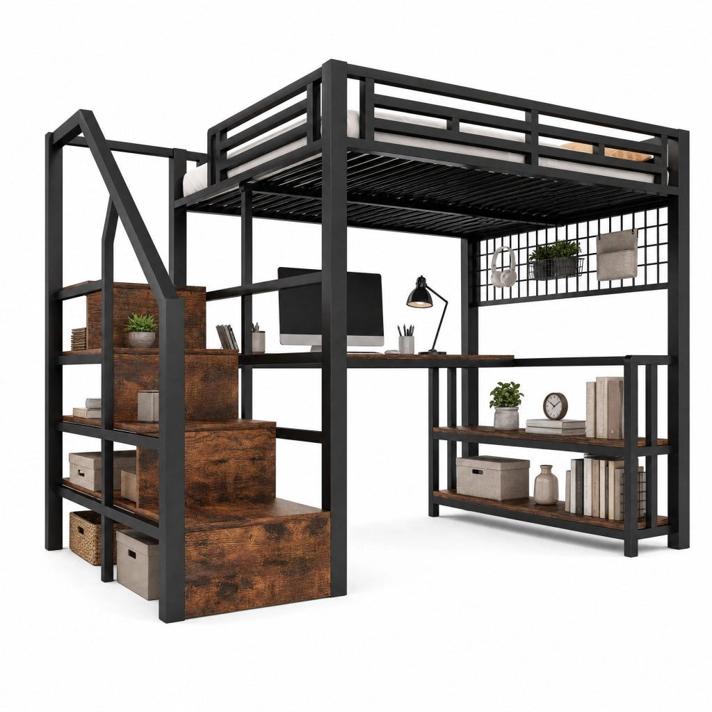 Letto a soppalco 140x200 cm con scrivania, LED e prese USB