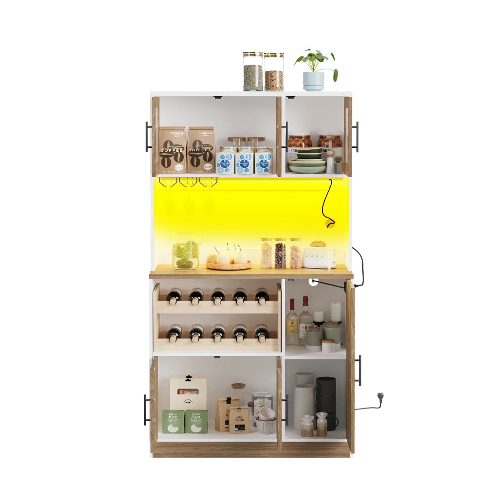 Dispensa alta con ripiani LED e presa elettrica in MDF bianco e naturale 100 × 40 × 180 cm