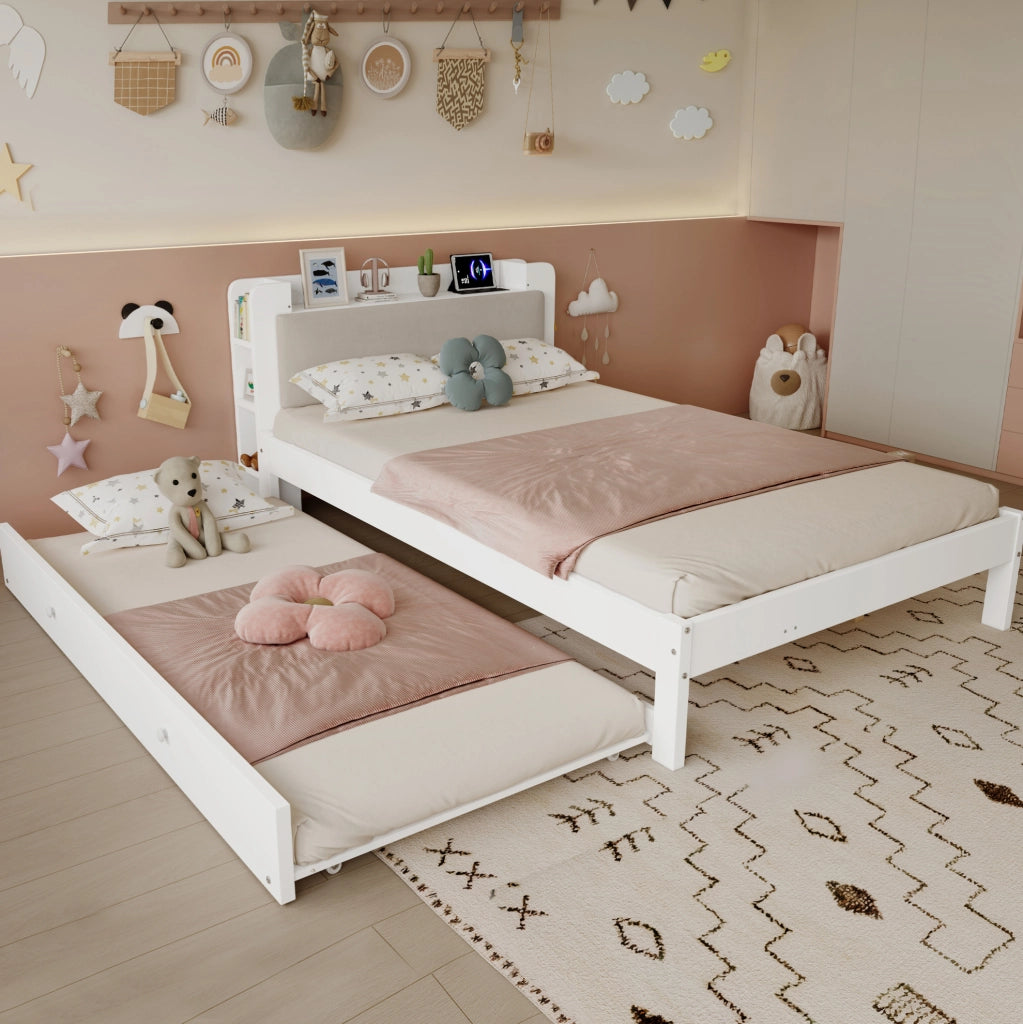 Letto funzionale in legno 120x200 cm con letto estraibile e testiera imbottita