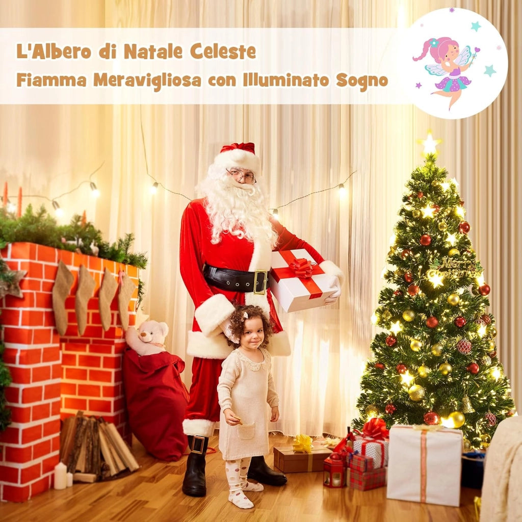 Albero di Natale 150/180 cm Pre-Illuminato, Albero di Natale Artificiale con 180/230 Punte di Ramo, 21/30 Luci a Stella Bianca Calda, Fibra Ottica e 8 Modalità di Illuminazione (150 cm)