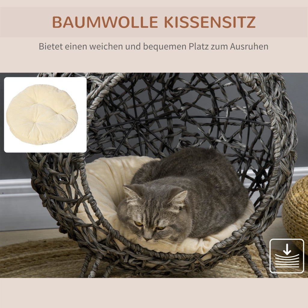 Casetta per Gatti in Rattan con Cuscini Grigio Argento ?52x58 cm ¨C zephmum