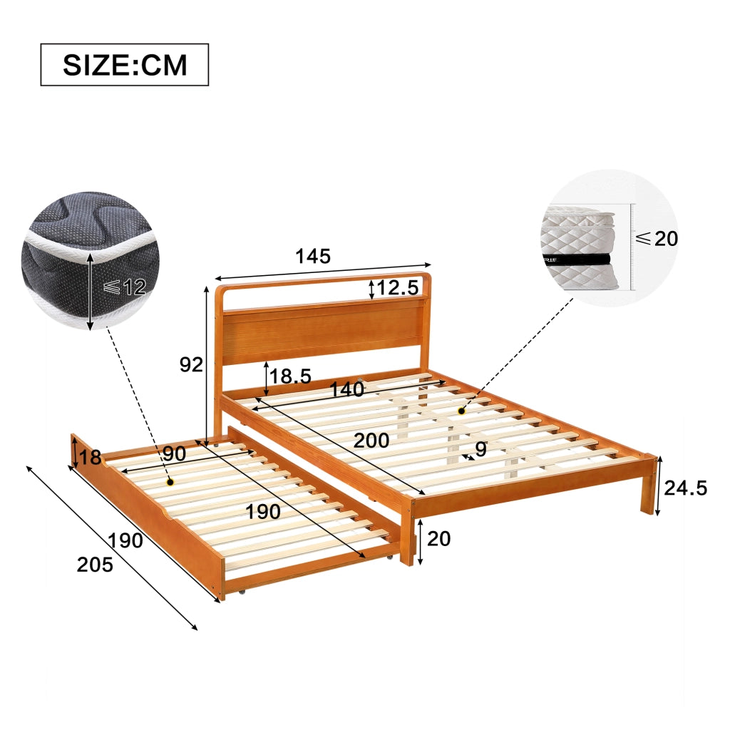 Letto estraibile 140 × 200 cm e 90 × 190 cm con letto ospite, testiera arrotondata, senza materasso, legno naturale