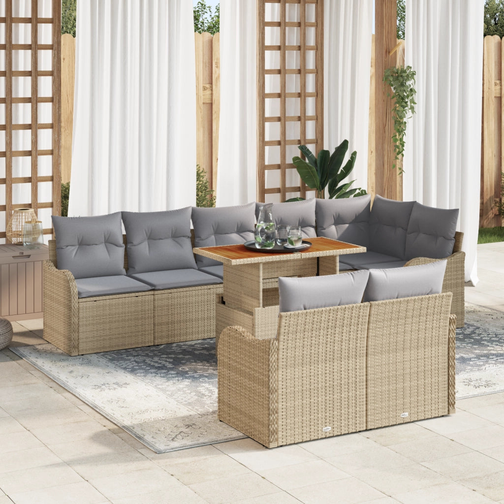 Set di Divani da Giardino 9 Pezzi con Cuscini Beige Polirattan Acacia