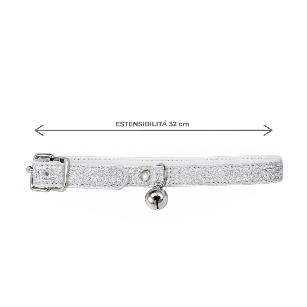 Set 3 Collari per Gatti con Campanellino, Collare Regolabile Effetto Glitter Argento 32 cm, Fibbia in Metallo, Elegante e Confortevole per Gatti e Gattini