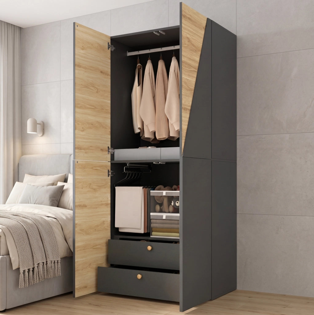 Armadio 90x50x200 cm con appendiabiti; portapantaloni e 2 cassetti grigio e legno HOMVRA