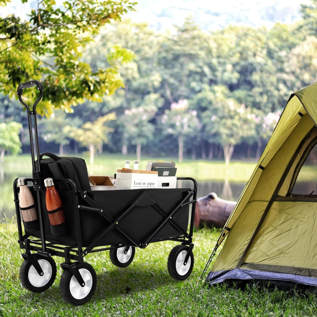 Carrello da Spiaggia Pieghevole, Carrello con Ruote Portatutto con Maniglia Regolabile, 2 Tasche a Rete e Portabicchieri, Carretto Giardino Portatile per Campeggio, Shopping e Mare (Nero)