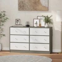 Cassettiera 6 Cassetti Pieghevoli con Maniglie Doppie, in Legno, Acciaio e Tessuto, 114x30x70 cm, Bianco e Grigio