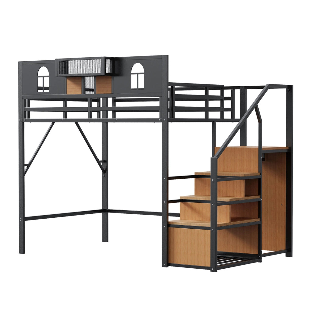 Letto a soppalco 140x200 cm in metallo e MDF con scala contenitore nero