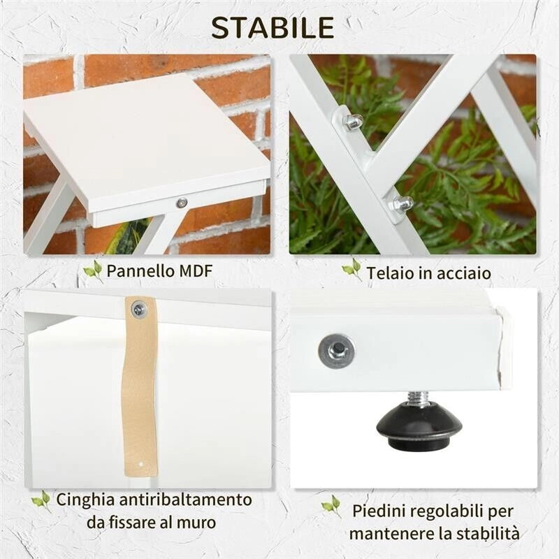 SCALETTA PORTAVASI A 4 LIVELLI PER INTERNI E ESTERNI IN MDF E ACCIAIO 50X24X81CM
