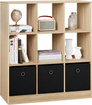 Libreria Scaffale, Libreria a 9 Cubi Portaoggetti, Scaffale in Legno con 3 Cassetti in Tessuto Non Tessuto, per Soggiorno, Camera da Letto, Ufficio, Rovere Chiaro, 80x30x86,5 cm, SK041hei