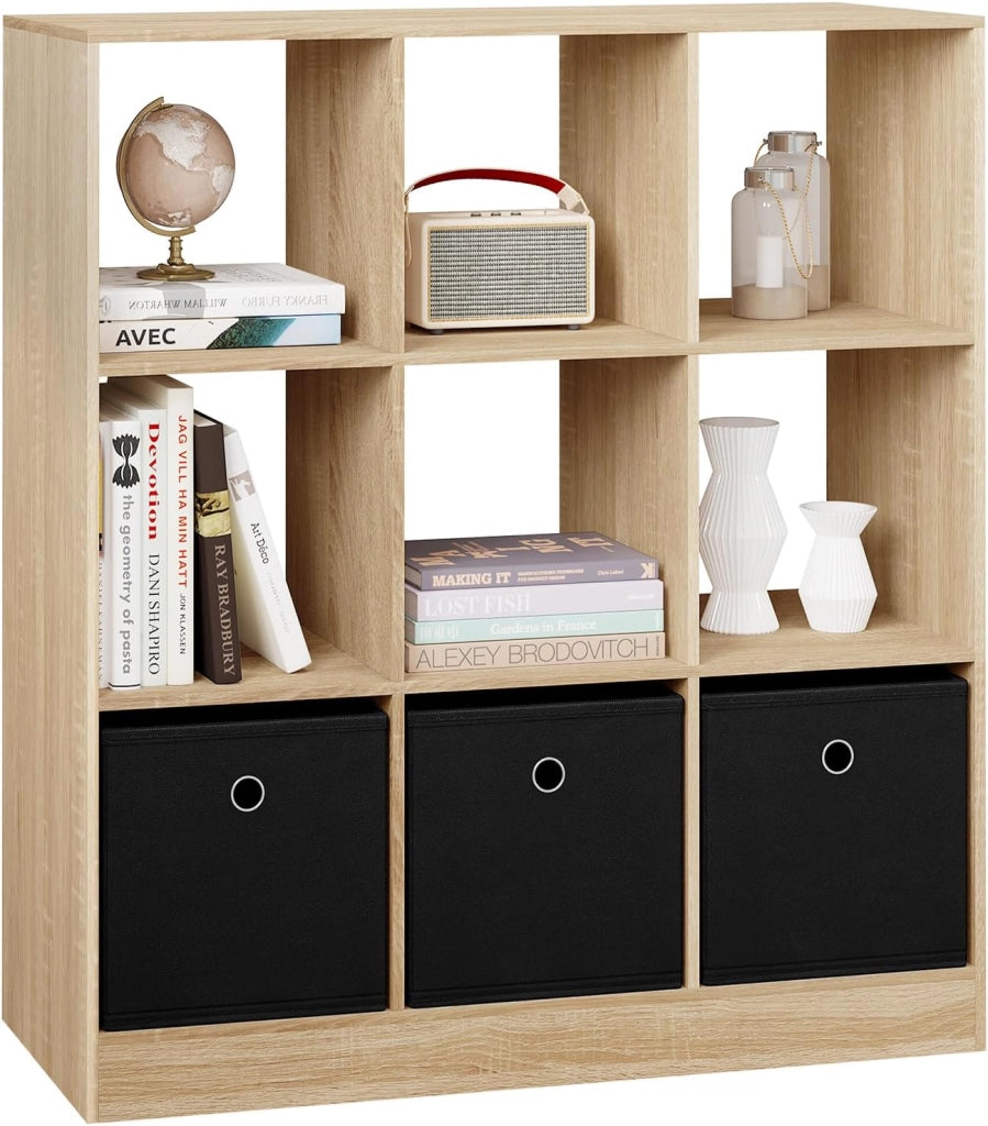 Libreria Scaffale, Libreria a 9 Cubi Portaoggetti, Scaffale in Legno con 3 Cassetti in Tessuto Non Tessuto, per Soggiorno, Camera da Letto, Ufficio, Rovere Chiaro, 80x30x86,5 cm, SK041hei