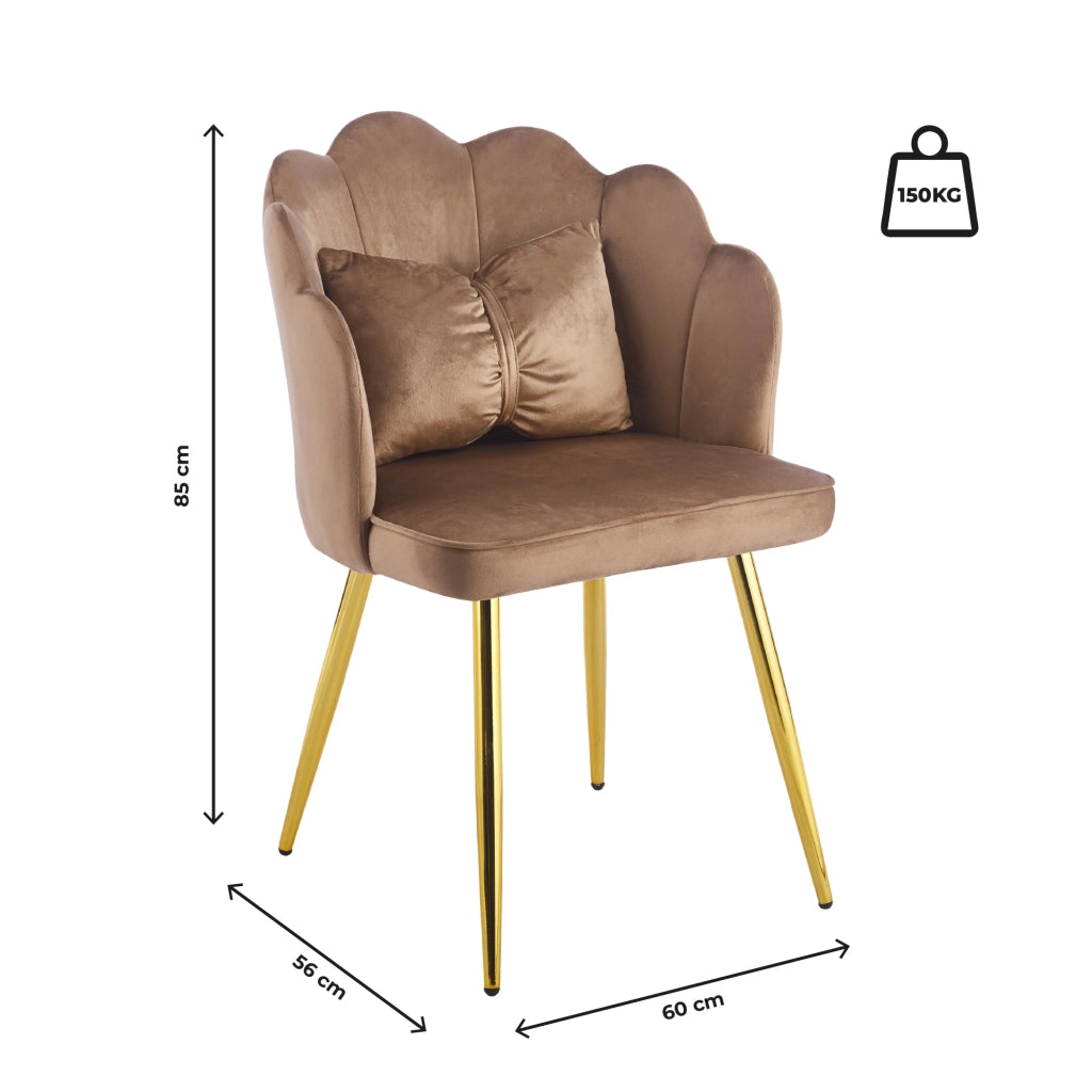 Poltroncina Elegante in Velluto con Schienale a Conchiglia, Cuscino e Gambe in Acciaio, Sedia Imbottita elegante Tortora