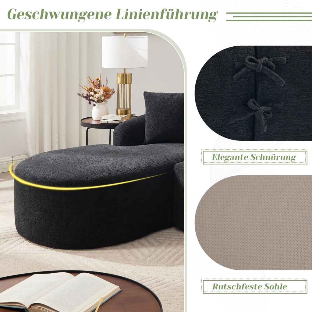 Divano modulare angolare 3 posti con chaise longue sinistra design curvo montaggio senza attrezzi in chenille nero
