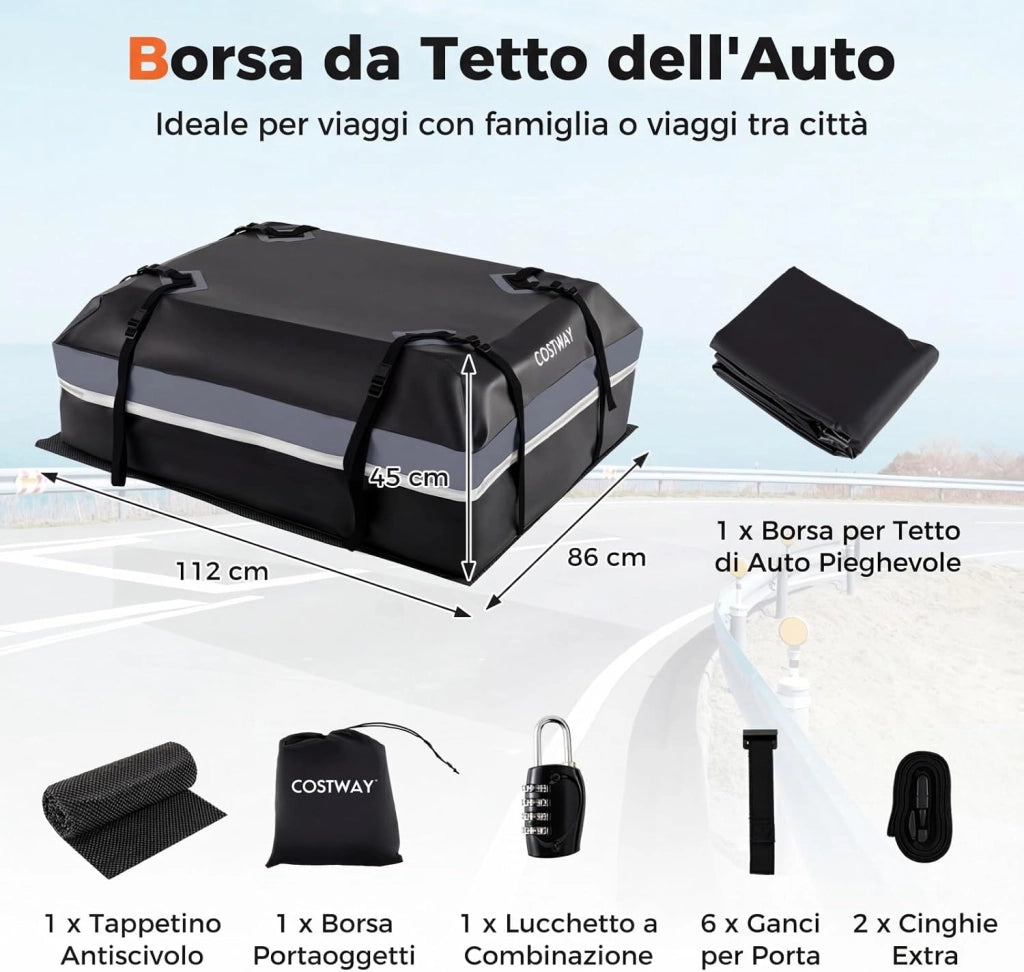 Borsa da Tetto per Auto, Box Portapacchi con Impermeabile e Alta Adattabilità, Baule con Tappetino Antiscivolo, Striscie Riflettenti, Lucchetto e 8 Corde di Fissaggio (450 L,Grigio)