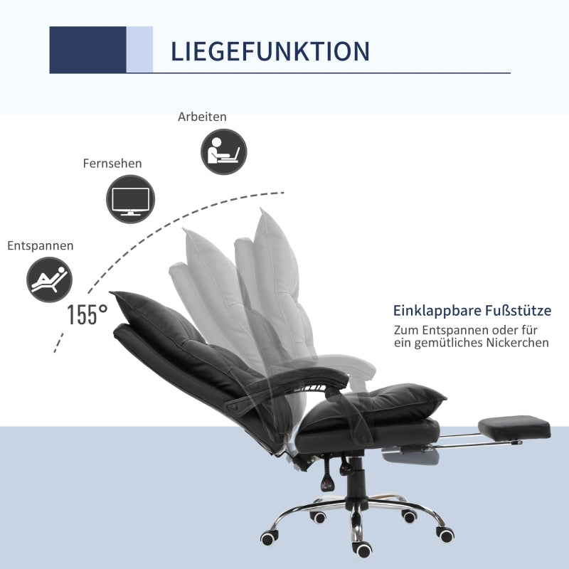 Sedia da ufficio in ecopelle ergonomica con poggiapiedi, braccioli e schienale reclinabile, girevole, nero