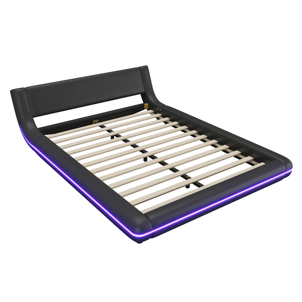 Letto basso matrimoniale 140×200 cm con LED regolabili; PU e MDF; senza materasso; nero per camera da letto