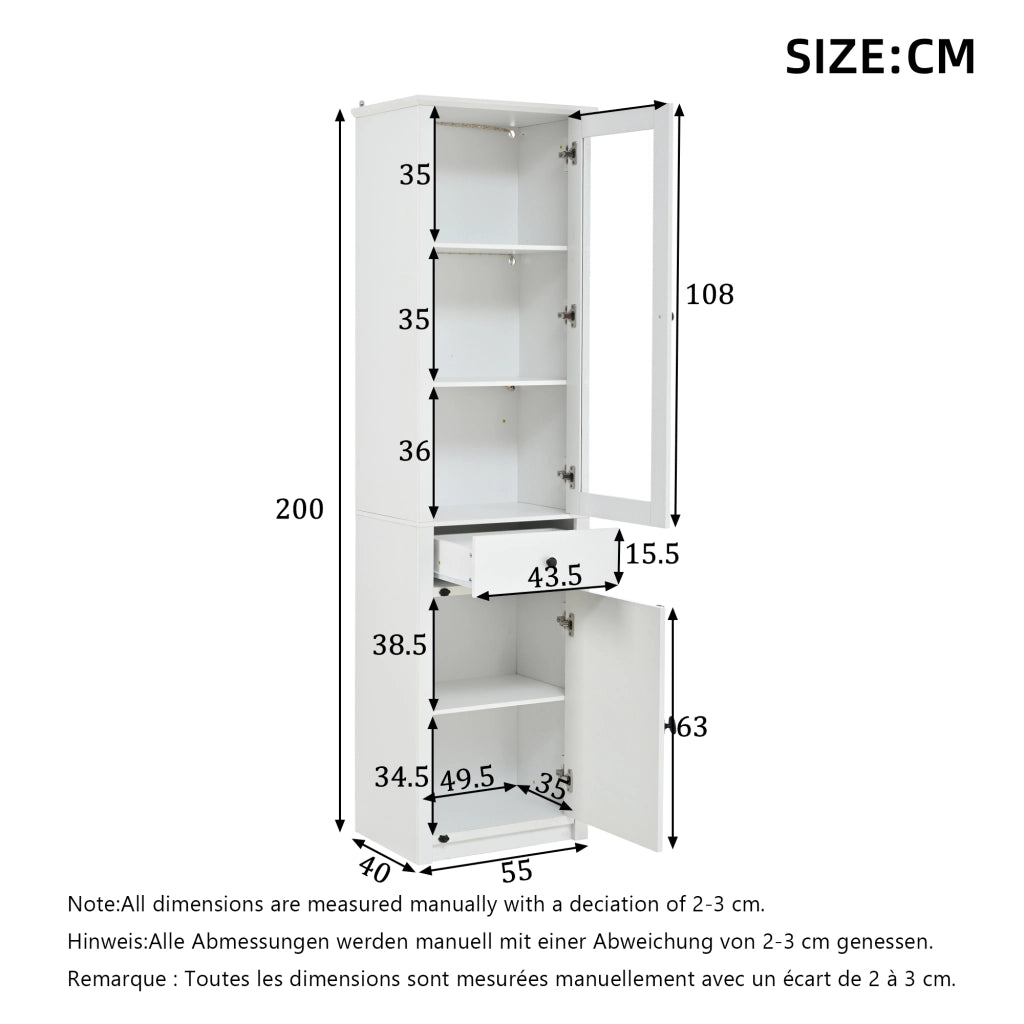 Vetrina alta con LED, 2 ante e 1 cassetto, 5 ripiani e vani contenitore, per soggiorno, in truciolato bianco 55 × 40 × 200 cm