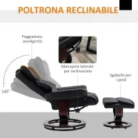Poltrona Relax e Pouf Poggiapiedi, Reclinabile a 145° con Seduta Girevole in Finta Pelle, Nero