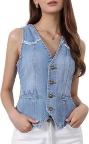 Gilet per donna senza collo con dettagli in pelle lavorata e danneggiata