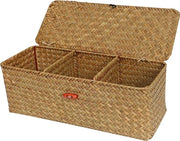 Cestello per Bagno con Coperchio in Canne Tessute a Mano con Pannello in Giunchi Rettangolare Scatola di Ripostiglio per Scrivania 3 Sezioni Organizzatore (3 Sezioni con Coperchi)