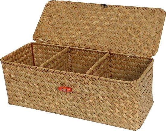 Cestello per Bagno con Coperchio in Canne Tessute a Mano con Pannello in Giunchi Rettangolare Scatola di Ripostiglio per Scrivania 3 Sezioni Organizzatore (3 Sezioni con Coperchi)