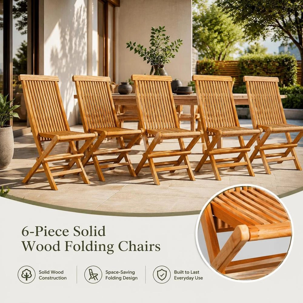 Folding Garden Chairs, Set Of 6, Made Of Solid Teak Wood