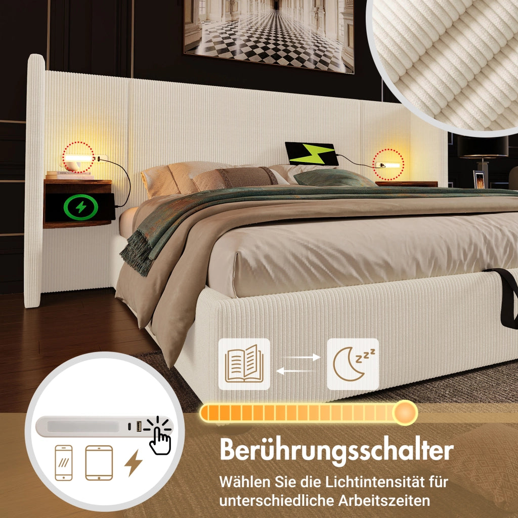 LETTO Contenitore 160x200 cm Beige in corduroy con testiera e lampada LED