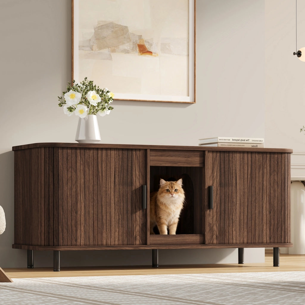 Mobile per lettiera per gatti con ante scorrevoli, doppio vano, effetto noce, con tappetino raccogli lettiera, 140x50x60 cm