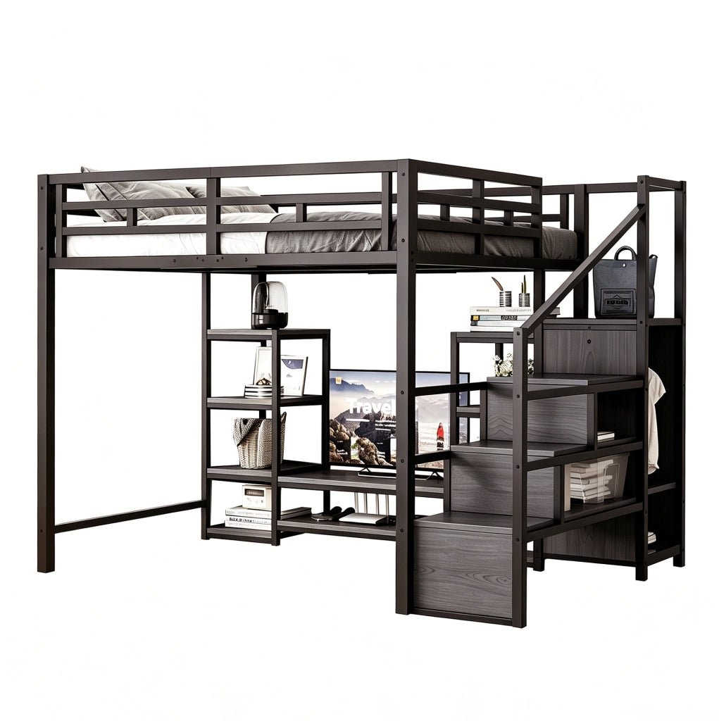 Letto a soppalco 140x200 cm con supporto TV e presa integrata; metallo e MDF; nero