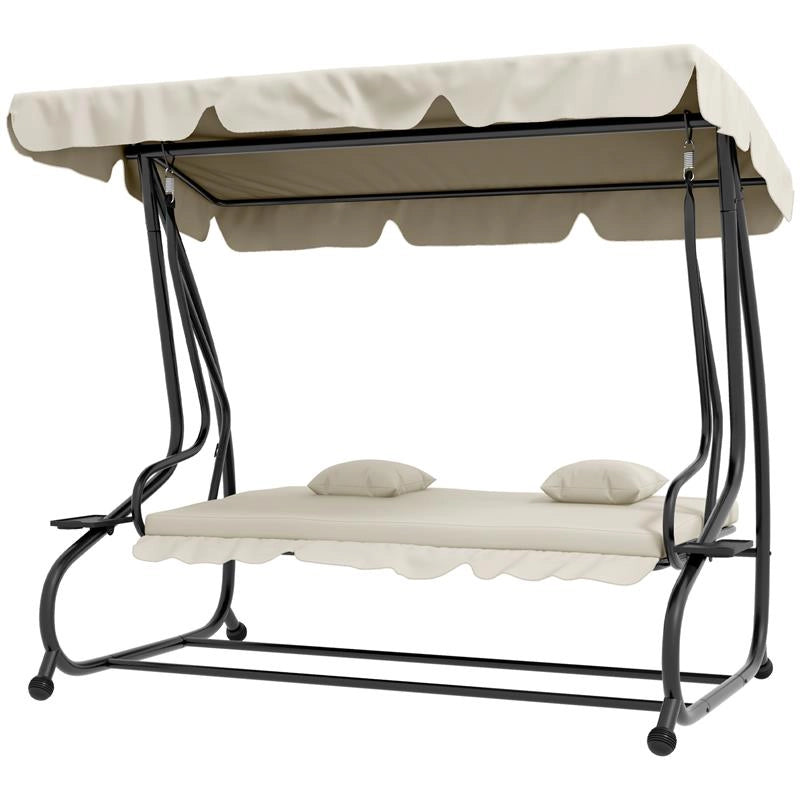 DONDOLO LETTO DA GIARDINO CON TETTUCCIO REGOLABILE E VASSOI, IN ACCIAIO E TESLIN, 200X120X164 CM, CREMA