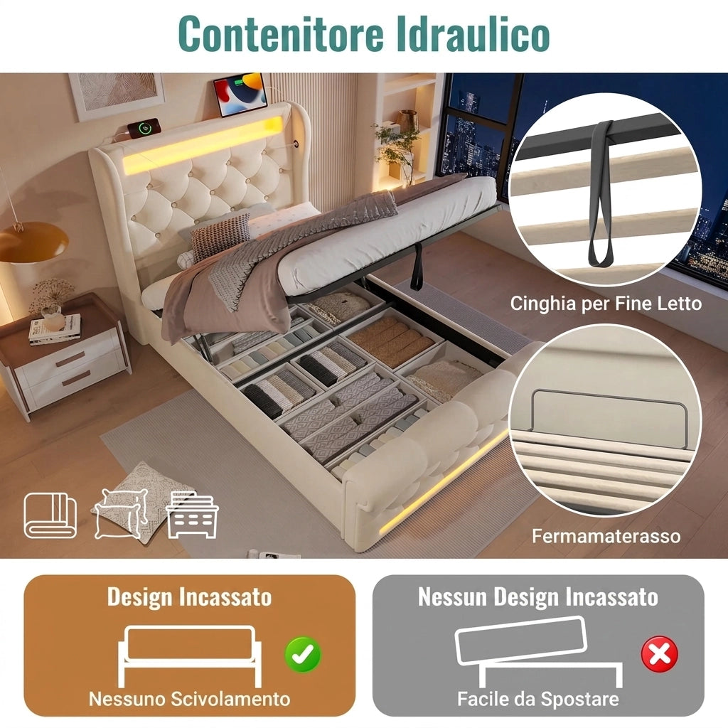 Letto singolo 90x200 contenitore idraulico con LED e prese USB; in velluto; beige