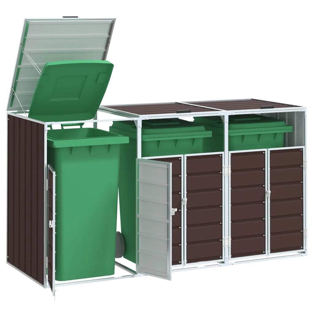 vidaXL Copribidone con Ruote per 3 Bidoni Marrone 216x81x115cm Acciaio