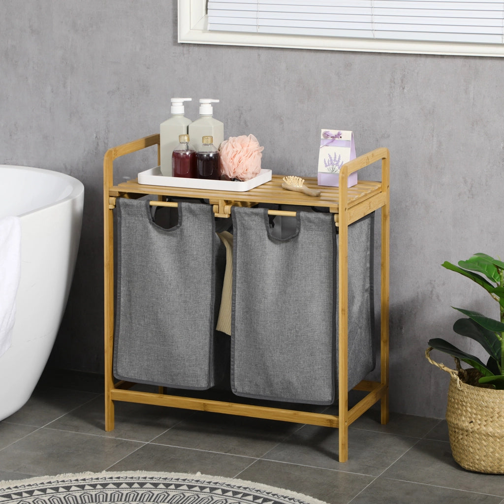 Cesto per Biancheria in Bamb¨´ con 2 Sacchetti e Ripiano ¨C Zephmum ¨C 63.5x33x73 cm Naturale Grigio