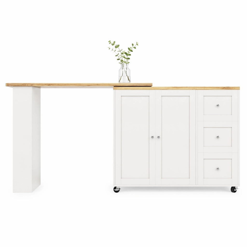 Mobile bar girevole 360° con ruote, 203 x 39 x 104 cm, bianco, in MDF, con 3 cassetti e portasnack