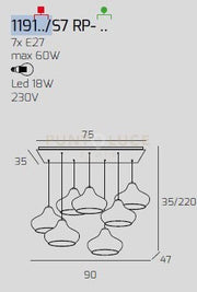 SOSPENSIONE OTTONE SATINATO 7 LUCI RETTANGOLARE VETRI (4 X PICCOLO RU + 3 X PICCOLO ZA) 1191OS-S7 RP-ZR