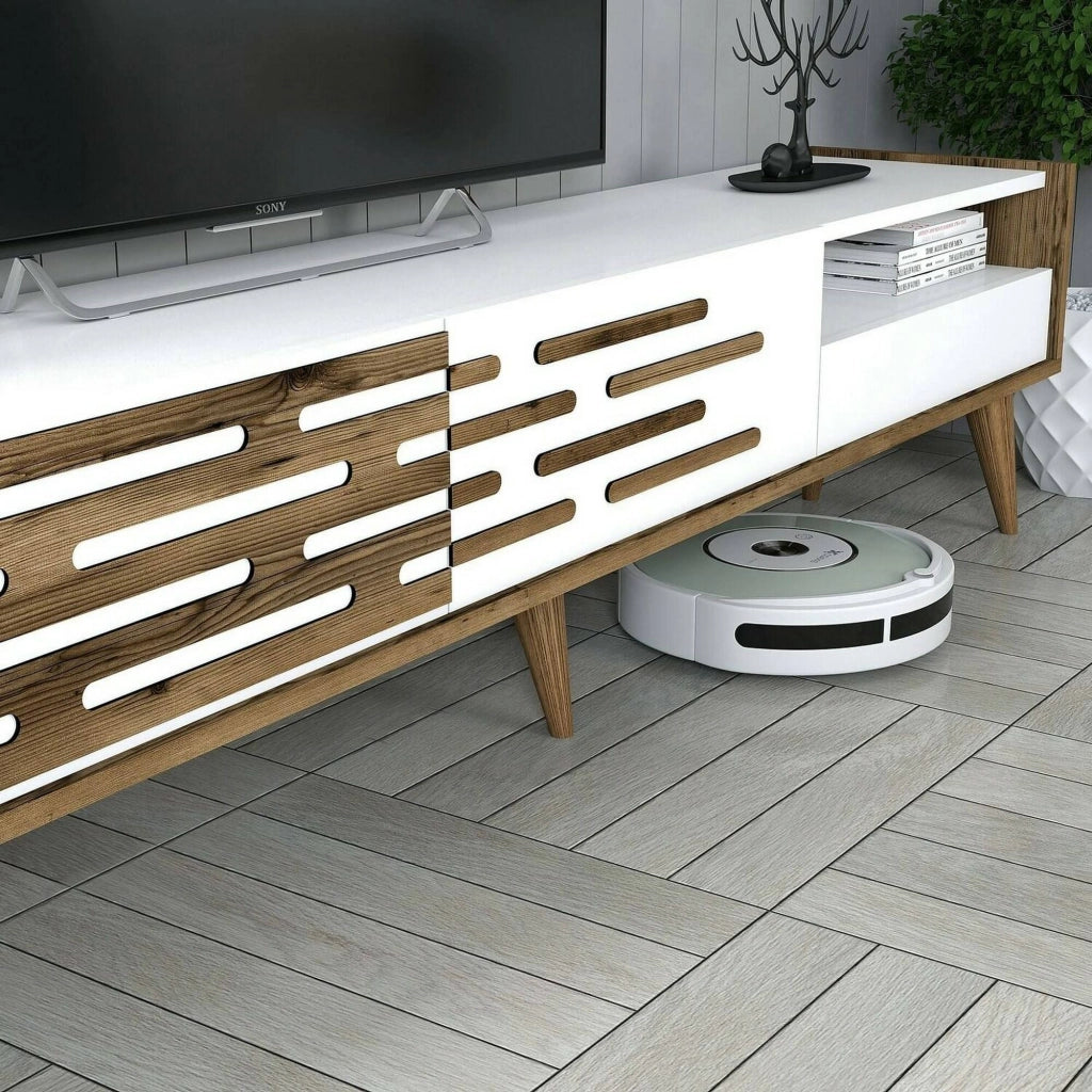 Mobile porta TV Upana, Credenza da soggiorno, Armadio basso per TV, Base parete attrezzata, 180x45h35 cm, Bianco e Noce