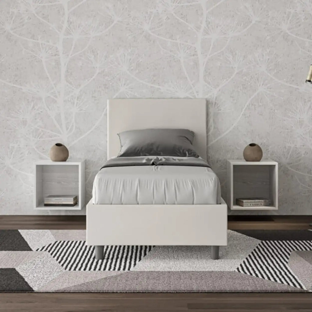 Letto singolo con rete imbottito 80x200 similpelle bianco Adele
