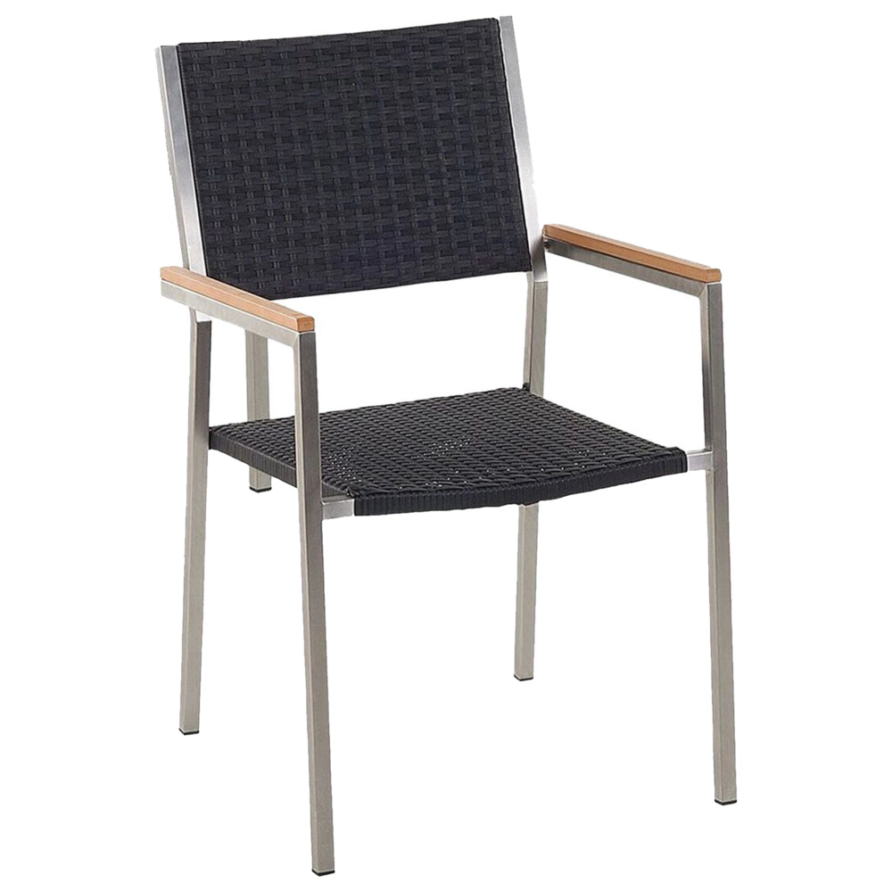 Set da giardino con 6 posti in acciaio inox con tavolo piano con effetto granito e sedie in rattan nero set esterno moderno