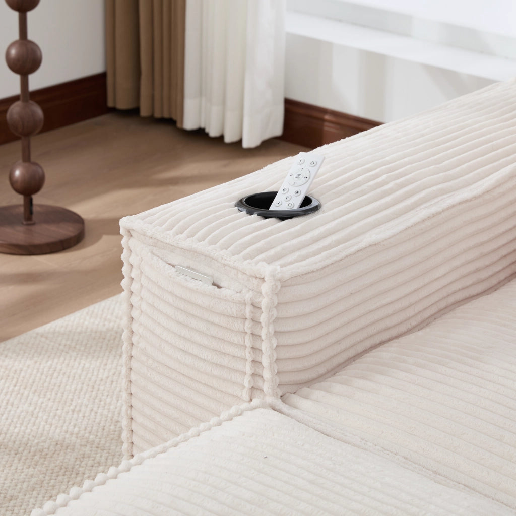 Divano modulare 4 posti con portabicchieri e tasche laterali, molle e schiuma, per soggiorno in tessuto a coste beige