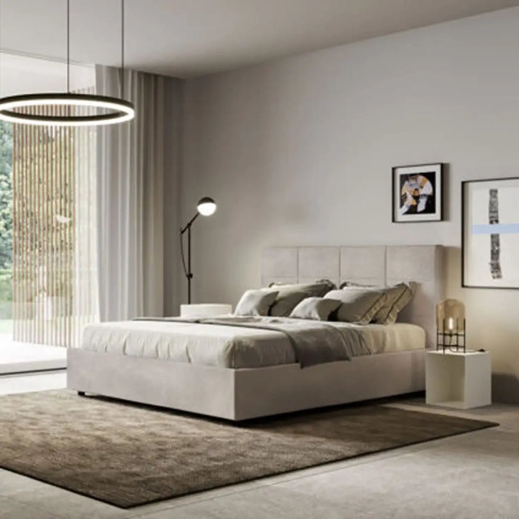 Letto matrimoniale contenitore imbottito 160x210 microfibra sabbia Mika