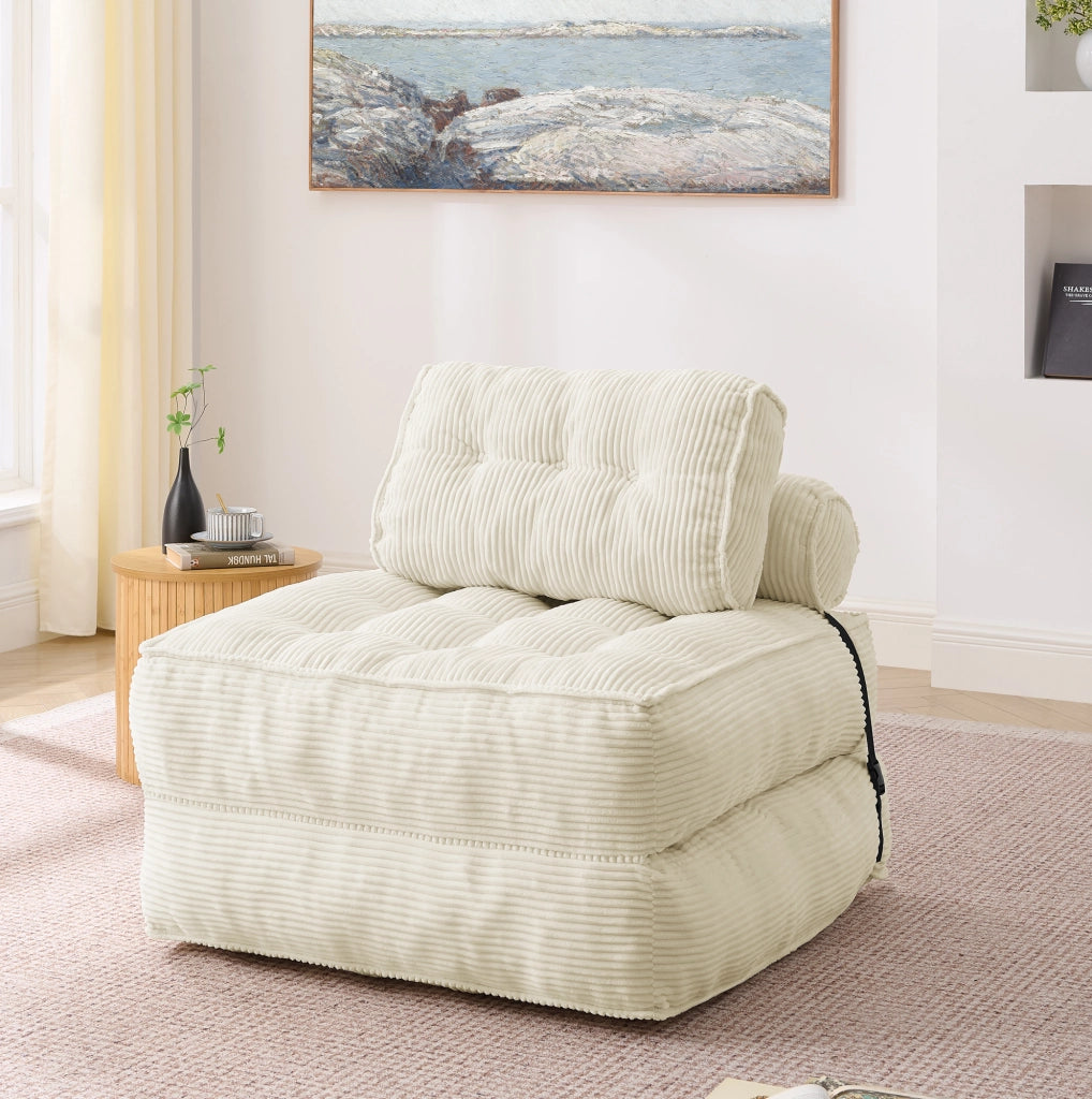 Poltrona Letto Pieghevole 2 in 1 in Tessuto a Coste ¨C MINIMAL ¨C Beige, Schienale Regolabile
