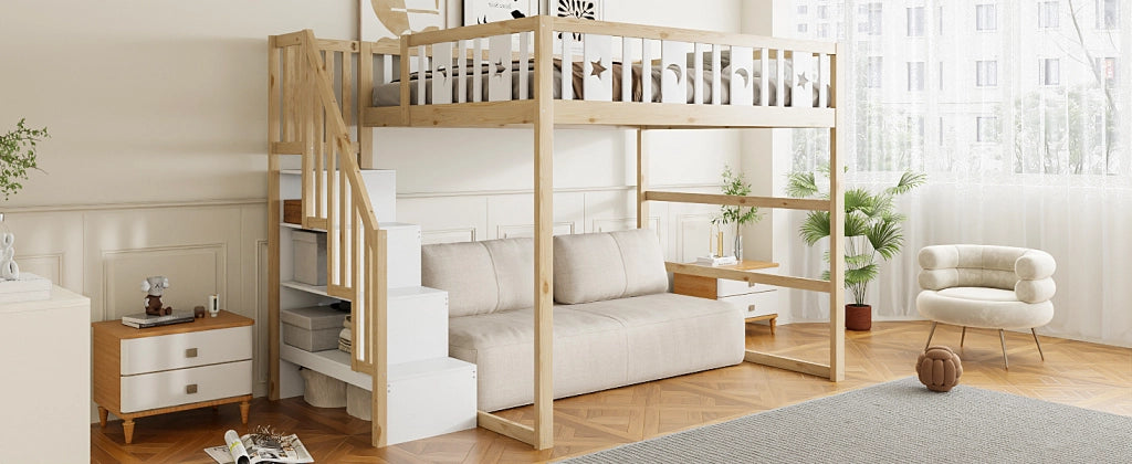 DESMIU Letto a castello per bambini 140 × 200 cm 2 posti con scala, ripiani e senza materasso, in legno massello, naturale e bianco