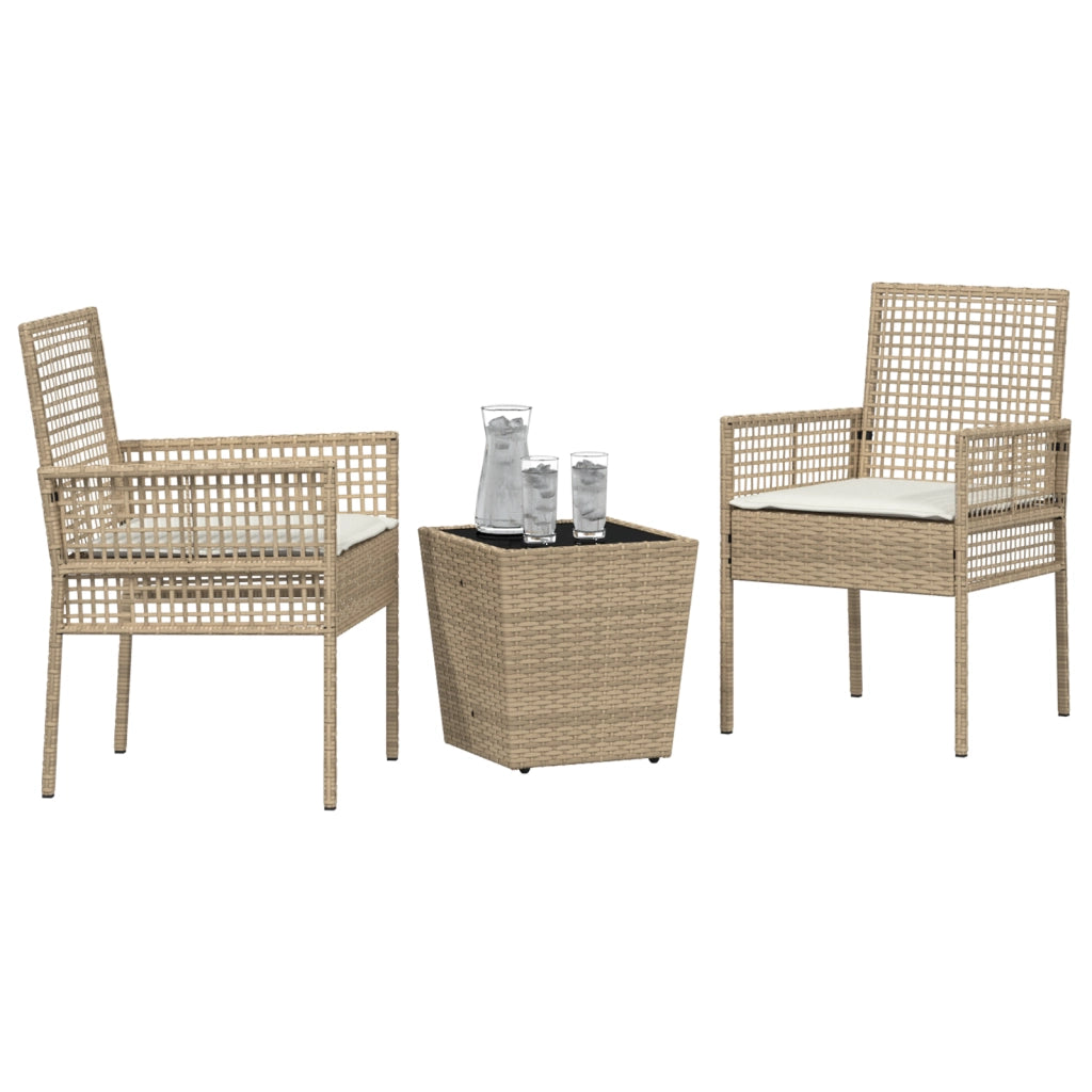 Set da Giardino 3 Pezzi  con Cuscini Beige in Polyrattan