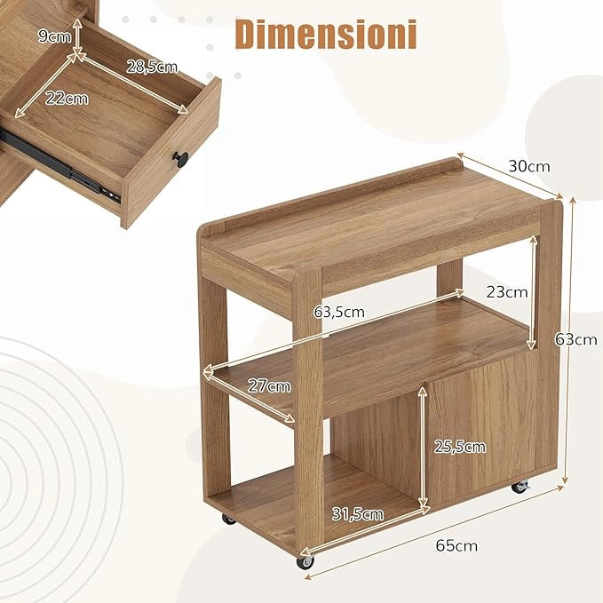 Tavolino da Salotto, Tavolino Moderno Laterale a 2 Cassetti con Ripiani Aperti e Ruote Universali Bloccabili, Tavolo Stretto per Soggiorno, Camera da Letto e Ufficio (Naturale)