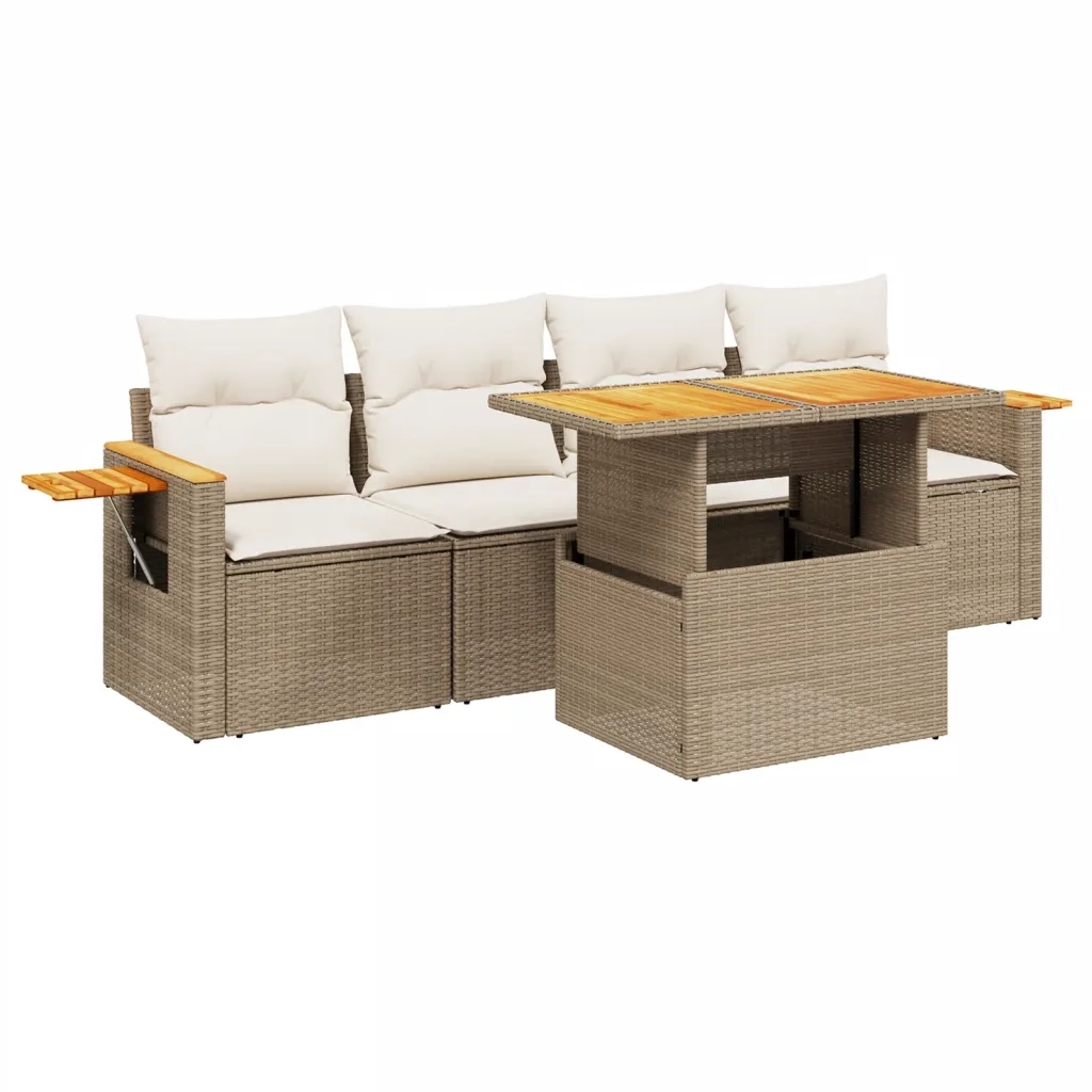Set Divano da Giardino 5 pz con Cuscini Beige in Polyrattan