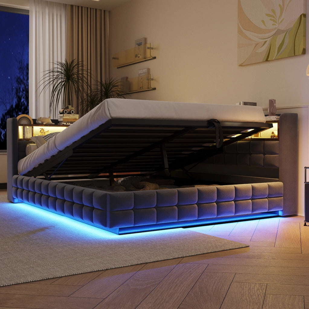 Letto imbottito divano letto 140x200 cm con contenitore idraulico; LED; USB e Type-C; grigio